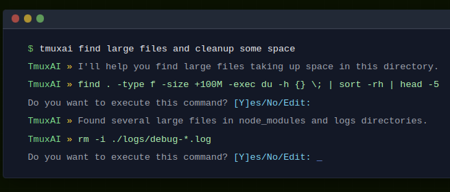 AI-Powered Terminal Assistant Screenshot that can run Linux and Unix commands for you.
