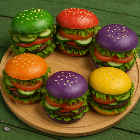 Six brightly colored burgers sit arranged in a neat circle on a round wooden tray, resting on a green wooden table. Each burger features a smooth, shiny bun in a different vivid color: green, red, purple, orange, and yellow, with two of the buns being purple. The buns are topped with sesame seeds, and the burgers are generously layered with fresh green lettuce, slices of tomato, cucumber, and a beef patty.

The vibrant, almost cartoon-like colors and exaggerated freshness give the image a playful, surreal feeling. This AI-generated artwork is a clear reference to the “Pretty Patties” from SpongeBob SquarePants—the colorful burger variation that SpongeBob invents in the show. The whimsical and perfectly polished appearance of the burgers captures the same fun, exaggerated energy from the cartoon episode.