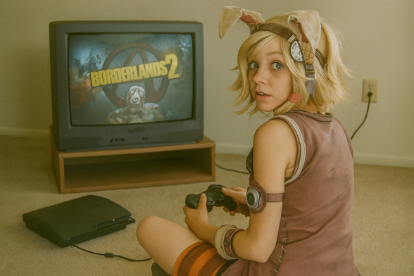 A young woman, dressed in cosplay resembling Tiny Tina from Borderlands 2, sits on a beige carpeted floor in front of an old CRT television. The TV screen shows the Borderlands 2 title screen, with the iconic orange-and-black vault logo and a psycho character visible. A black PlayStation 3 is on the floor beside her, connected to the TV. She’s holding a PS3 controller in her hands and looks over her shoulder at the camera with a curious, slightly surprised expression.

Her outfit includes a rough-looking brown sleeveless top, striped orange and brown shorts, and patched accessories that match Tiny Tina’s scrappy aesthetic from the game. She wears a headband with floppy, patched bunny ears and a large gear-like piece attached at the side, further completing the cosplay look. Her blonde hair is styled into a choppy bob, very similar to Tiny Tina’s messy hairstyle.

The AI-generated image has a soft, slightly faded, almost early 2000s nostalgic feel, matching the era when Borderlands 2 was most popular. It captures the cozy, casual vibe of old-school gaming sessions while creatively blending cosplay and retro tech.