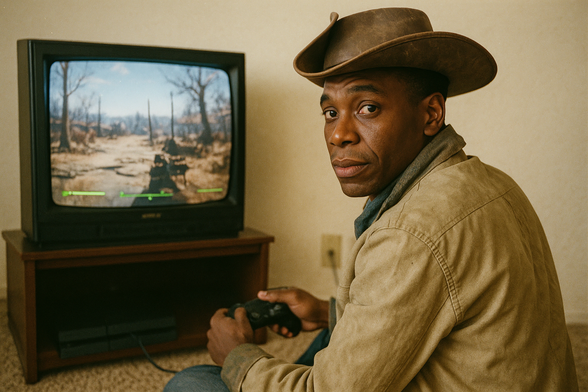 A man dressed as Preston Garvey from Fallout 4 sits on a carpeted floor in front of a CRT television, holding a PlayStation controller. On the TV screen, a first-person view from Fallout 4 shows a desolate wasteland path surrounded by barren trees, with the game’s HUD visible at the bottom.

The man wears a tan jacket, a green scarf, and a weathered brown cowboy hat that mirrors Preston Garvey’s signature look. He looks over his shoulder at the camera with a calm, slightly weary expression — almost as if he’s about to remind you that “another settlement needs your help.” A PlayStation 4 sits on the shelf under the TV.

This AI-generated image captures a cozy, nostalgic early-2000s vibe, complete with the warm tones of indoor lighting and the old-school gaming setup. The scene cleverly blends cosplay and gameplay, making it feel like Preston Garvey himself is sitting down for some much-needed time off to explore the Commonwealth.