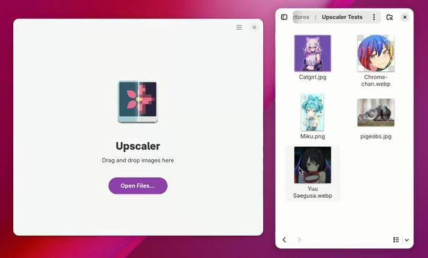 The cursor drags and drops a couple of images into Upscaler. Once loaded, the page transitions into the options page, with a carousel showcasing the images, a section for adjusting the scale factor, a section for selecting the type of image, and a section with the "Upscale" button. The cursor then presses the "Remove" button located at the top right of each image, which removes the associated image. Afterwards, the cursor presses the "Upscale" button, which adds every image but the first one to the queue, where the first image automatically starts upscaling. After completion, the "Copy" and "Save" button appear. The cursor presses the "Copy" button and pastes it into the file manager, in which the image appears. The "Open in External Program" appears. And finally, the cursor presses the aforementioned button, where the app launcher dialog appears.