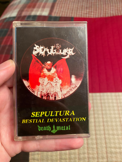 A cassette copy of Sepultura's debut EP, Bestial Devastation. Great piece of music. Legend has it that the band didn't even tune their instruments during the recording of it.