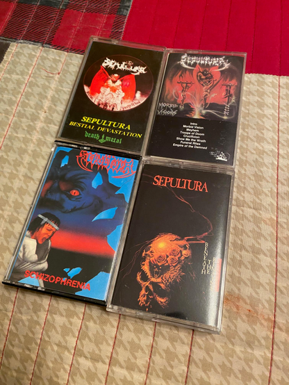 My Sepultura cassette collection so far.
Top left: Bestial Devastation
Top right: Morbid Visions
Bottom left: Schizophrenia
Bottom right: Beneath the Remains