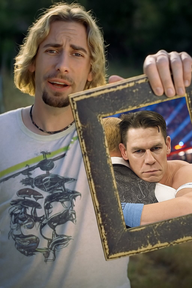 This AI-generated image is a humorous mashup combining pop culture moments. It shows a scene based on the famous “Photograph” meme featuring Chad Kroeger from Nickelback. He’s holding up a rustic picture frame — but instead of a regular photo, the frame contains an emotional moment from professional wrestling.

Inside the frame is a somber image of John Cena hugging Cody Rhodes during WWE Elimination Chamber 2025. Cena looks serious and regretful, referencing the shocking event where Cena turned heel against Cody Rhodes. The emotional weight of the wrestling moment is made even funnier by the contrast with Chad Kroeger’s casual expression outside the frame.

The whole setup is a playful and surreal crossover, blending meme culture, rock music, and wrestling fandom into one absurd and memorable scene.