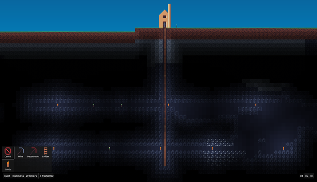 Screenshot of a video game about mining. The game is 2D. There's a mineshaft with a ladder running down the center with little people mining out tunnels. At the top of the mine shaft is a cornish engine house