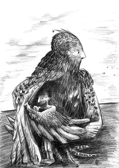 Un grand oiseau cache dans ses plumes un oiseau humanoïde plus petit, qui observe dans sa main un tout petit agneau (on dirait un agneau mais bon...). Le grand oiseau regarde au loin derrière lui, des mouches arrivent.