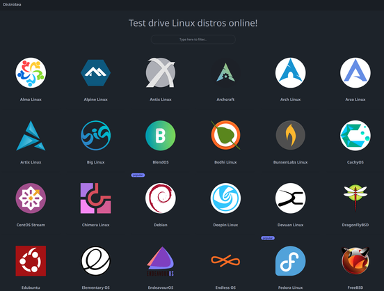 website mainpage screenshot with icons and linux distros names