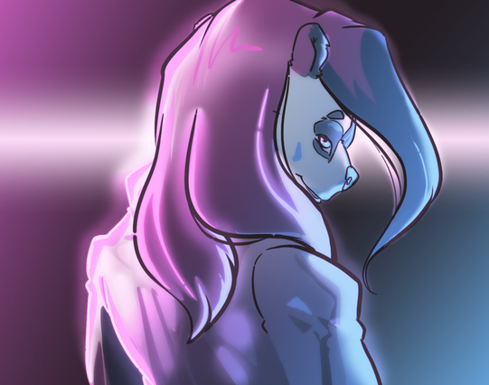An anthropomorphic panda with long hair, turning back to look at the viewer, while bathed in pink and blue light.