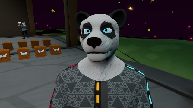 A 3D model of an anthropomorphic panda wearing a motion capture suit, standing in front of a mirror