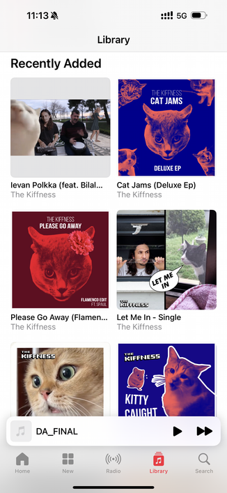 Music app “Recently Added” section showing track thumbnail with cars