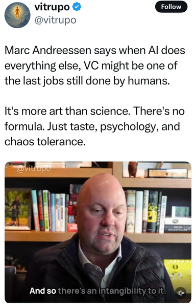 Screenshot of a tweet by @vitrupo quoting Marc Andreessen: "Marc Andreessen says when Al does everything else, VC might be one of the last jobs still done by humans. It's more art than science. There's no formula. Just taste, psychology, and chaos tolerance." Below the tweet is a picture of Marc Andreessen