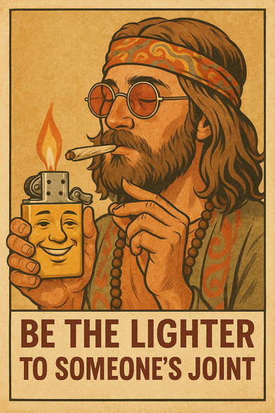 A laid-back man with long hair, a full beard, and round red-tinted sunglasses is shown lighting a joint. He wears a colorful, swirly-patterned headband and a beaded necklace, giving him a classic hippie vibe. In one hand, he holds a bright yellow lighter with a smiling cartoon face on it, its flame burning steady as he brings the joint to it with a calm, focused expression.

Beneath the image, bold red text on a tan, textured background reads:
BE THE LIGHTER TO SOMEONE’S JOINT

The style mimics a retro poster, blending warm tones and hand-drawn textures to create a nostalgic, feel-good mood. Though it looks like something out of a vintage print shop, the artwork is actually AI-generated, designed to resemble old-school counterculture illustrations with a playful and uplifting twist.