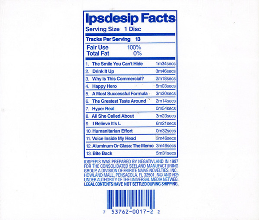 The back cover is a parody of the nutrition facts table found on food packaging, with the track names and lengths in place of the content and amounts. It's printed in the same blue found on the front cover, against a white background.