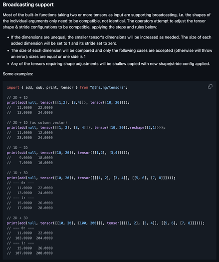 Screenshot excerpt from the library readme section:

Broadcasting support

Most of the built-in functions taking two or more tensors as input are supporting broadcasting, i.e. the shapes of the individual arguments only need to be compatible, not identical. The operators attempt to adjust the tensor shape & stride configurations to be compatible, applying the steps and rules below:

- If the dimensions are unequal, the smaller tensor's dimensions will be increased as needed. The size of each added dimension will be set to 1 and its stride set to zero.
- The size of each dimension will be compared and only the following cases are accepted (otherwise will throw an error): sizes are equal or one side is 1
- Any of the tensors requiring shape adjustments will be shallow copied with new shape/stride config applied.

(Source code examples omitted)