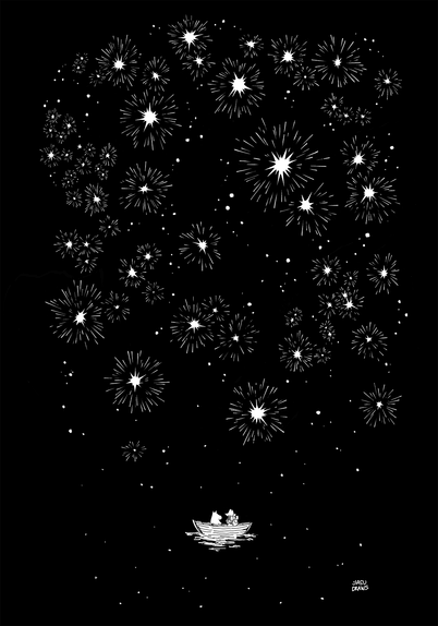 Moomin troll and Snuffkin stargazing on a boat