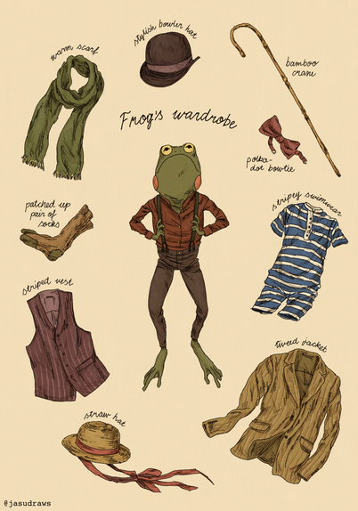Mr. Frog surrounded by his dapper wardrobe