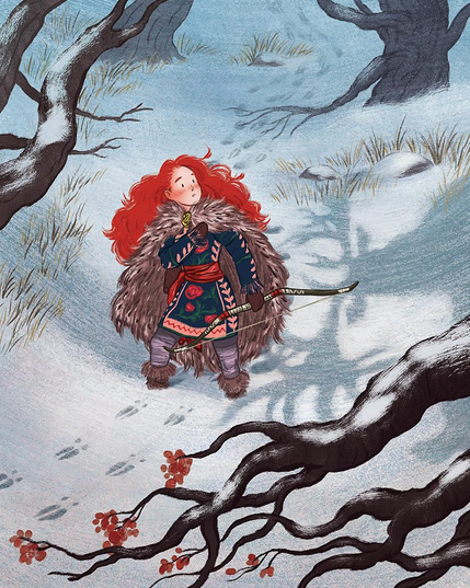 A red-haired girl follows deer tracks through a snowy forest, when she suddenly glances to her side and sees a towering shadow fall across the snow—antlers wide and gnarled like branches, the silhouette of a creature that resembles a colossal buck.