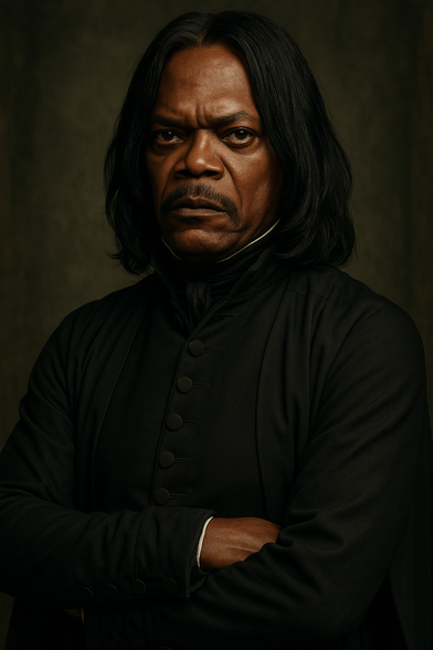 A man stands with arms crossed, dressed in Severus Snape’s signature flowing black robes. His expression is sharp and severe, with furrowed brows and an intense stare that could silence a classroom. Long, straight black hair frames his face, completing the unmistakable silhouette of the infamous Hogwarts professor.

But instead of Alan Rickman, it’s Samuel L. Jackson — perfectly reimagined in the role. The scowl, the presence, the quiet fury — all filtered through Jackson’s unmistakable energy. The dark, moody lighting and textured backdrop give the portrait a cinematic weight, as if this version of Snape belongs in a grittier, more commanding corner of the wizarding world.

Created with AI, the image blends two iconic characters into one unforgettable and intimidating figure.