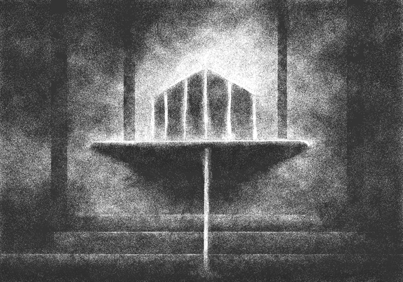 MsPaint black and white landscape depicting a foggy surreal temple with a concrete shape in the middle. 
