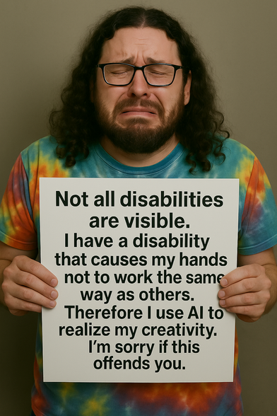 A man with long curly hair, glasses, and a tie-dye shirt stands in front of a plain background, holding a large printed sign. His expression is deeply emotional—eyes closed, brows furrowed, and mouth trembling as if he’s about to cry. The sign he holds delivers a direct and personal message in bold black text:

“Not all disabilities are visible.
I have a disability that causes my hands not to work the same way as others.
Therefore I use AI to realize my creativity.
I’m sorry if this offends you.”

The message speaks to the importance of accessibility and the role AI can play in empowering people with invisible disabilities to express themselves creatively. While the image is AI-generated, it conveys a very real sentiment about inclusion, creativity, and the right to use available tools without judgment or shame.