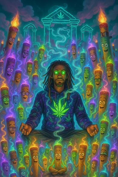 A man with glowing green eyes sits cross-legged in a meditative pose, exhaling swirling streams of neon smoke that rise into a glowing cannabis temple in the background. He wears a deep blue hoodie covered in stars and vibrant marijuana leaves, with a radiant green leaf glowing at the center of his chest. His expression is calm, centered, and otherworldly.

Surrounding him is a joyful crowd of anthropomorphic joints — each one smiling, laughing, and glowing in various colors. Some wear glasses, hats, or headbands, and all of them emit multicolored smoke trails. The once-angry crowd from the previous artwork has transformed into a welcoming, euphoric gathering of cosmic stoner spirits.

The atmosphere is warm and electric, lit by giant flaming joints that stand like mystical torches along the edges. A neon outline of a Greco-Roman temple glows overhead with a cannabis leaf at its peak, making the scene feel like a psychedelic shrine of peace and positivity.

Created with AI, the image channels stoner spirituality through vibrant color, surreal energy, and an unapologetic celebration of cannabis culture.