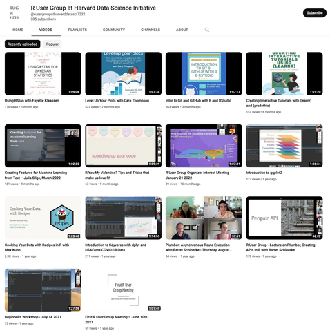 A screenshot of our YouTube channel and the videos on it.  Videos include:

Using RStan with Fayette Klaassen
Level Up Your Plots with Cara Thompson
Intro to Git and GitHub with R and RStudio
Creating Interactive Tutorials with {learnr} and {gradethis}
Creating Features for Machine Learning from Text - Julia Silge, March 2022
R You My Valentine? Tips and Tricks that make us love R!
R User Group Organizer Interest Meeting - January 21 2022
Introduction to ggplot2 
Cooking Your Data with Recipes in R with Max Kuhn 
Introduction to tidyverse with dplyr and USAFacts COVID-19 Data 
Plumber: Asynchronous Route Execution with Barret Schloerke 
R User Group - Lecture on Plumber, Creating APIs in R with Barret Schloerke
BeginneRs Workshop - July 14 2021 
First R User Group Meeting - June 10th 2021