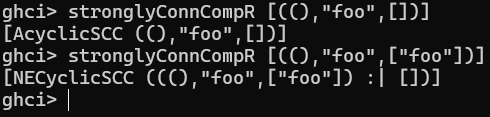 ghci> import Data.Graph
ghci> stronglyConnCompR [((),"foo",[])]
[AcyclicSCC ((),"foo",[])]
ghci> stronglyConnCompR [((),"foo",["foo"])]
[NECyclicSCC (((),"foo",["foo"]) :| [])]