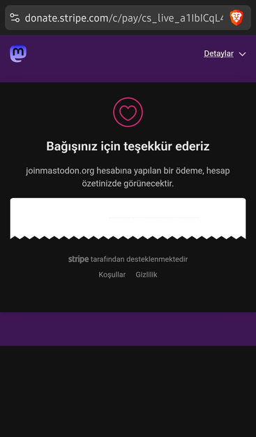A screenshot of the Stripe web page showing my donation to Mastodon