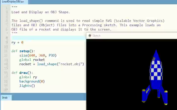 Animated screen capture showing an example sketch on Thonny IDE,  that loads a rocket OBJ model and shows it spinning on another window.