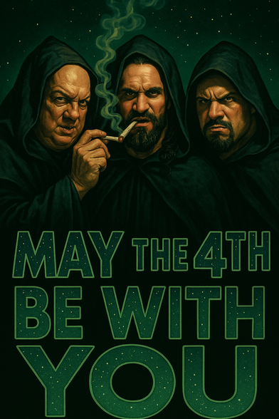 Three men dressed in dark hooded robes stand together under a starry night sky, illuminated by soft green lighting that gives them a mystical, ominous glow. The man on the left, with a bald head and a knowing smirk, holds a lit joint up to the lips of the middle man, who has long dark hair, a thick beard, and a serious expression as he takes a drag. The third man on the right scowls fiercely, his eyebrows furrowed in intense focus.

The scene humorously reimagines Paul Heyman, Seth Rollins, and Bron Breakker as galactic stoners dressed like Sith Lords, sharing a smoke session under the stars. Below them, large bold text reads:

“MAY THE 4TH BE WITH YOU”

The lettering glows with a star-speckled texture, mimicking the style of Star Wars title graphics. The entire AI-generated image blends pro wrestling personas with cosmic parody, turning the trio into an unlikely trio of high-as-hell force users commemorating Star Wars Day with style and smoke.