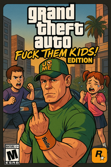 A muscular man in a green shirt and matching “U CAN’T SEE ME” cap stands front and center on a mock video game cover, glaring straight ahead with a dead-serious expression. He’s holding up his middle finger with deliberate defiance, and his orange wristband reads “Hustle.” On either side of him, two cartoon children react dramatically — one little boy clenches his fists in rage while a little girl cries in frustration. The cityscape behind them features palm trees and buildings, mimicking the typical urban setting of a Grand Theft Auto game.

At the top, bold text styled like the GTA logo reads:

“grand theft auto
FUCK THEM KIDS!
EDITION”

In the bottom corners, the standard Rockstar logo and M for Mature ESRB rating complete the parody.

The image is an AI-generated satire that blends Rockstar’s iconic branding with John Cena’s likeness and a chaotic, irreverent twist. It plays on his meme persona and flips the wholesome “Never Give Up” vibe into full-on cartoon anarchy — like GTA meets Saturday morning rage.