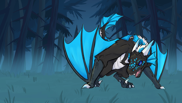 A drawing by aSavageCloud1 of Taltro, a semi-aquatic wyvern. The background of the foggy and misty forest was illustrated by Zukitz.