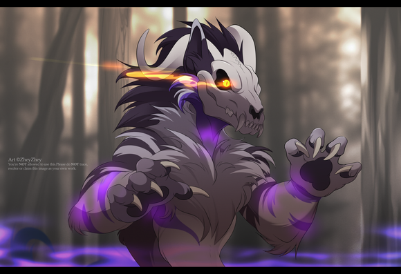 A drawing by ZheyZhey of a horned skilled beast with glowing purple stripes.