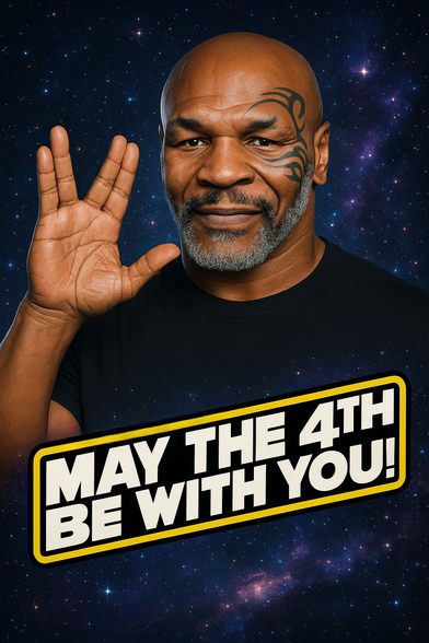 A bald man with a greying beard and a tribal face tattoo stands against a vibrant, star-filled galaxy background. He’s smiling confidently and raising one hand in the classic Vulcan salute — fingers split in a “V” between the middle and ring finger. He wears a plain black T-shirt and looks directly at the viewer with calm, cheerful energy.

Across the lower half of the image, bold white text outlined in black and yellow reads:
“MAY THE 4TH BE WITH YOU!”

The image humorously mixes two iconic sci-fi fandoms: Star Wars, referenced in the May 4th pun, and Star Trek, referenced in the hand gesture. The person depicted resembles Mike Tyson, adding a further layer of unexpected crossover energy. It’s an AI-generated mashup that celebrates Star Wars Day with a wink and a nerdy identity crisis.