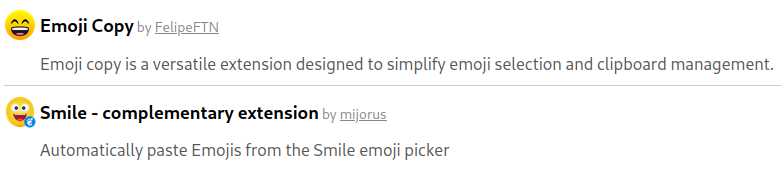 Screenshot from Gnome extensions showing "Emoji Copy" and "Smile - complementary extension" extensions