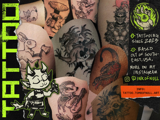A grungy collage of photos of tattoos on various skin tones, featuring creatures and monsters and a knight. 
Text: Tattoo
- Tattooing since 2023
- Based out of South-east USA
- More on my Instagram, @inkofnull
