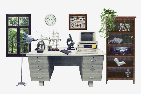 my homepage! the layout centers on a large desk, with a computer, a microscope, a notebook, and some chemistry equipment on top. to one side of the desk is a bookshelf holding a houseplant, robot model kits, a playstation, a radio, a clay sculpture, and of course, some books. on the other side, there is a window to a green landscape and a carrier pigeon on a perch. on the wall above, there is a clock and some pinned insects. each of these items is a link to a different section of my site