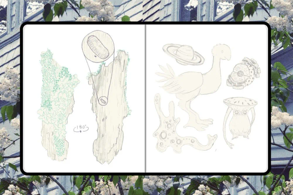 two sketchbook pages. the first shows two sides of a little chunk of wood. one side is covered in lichen (several species!) and the other is bare except for two tiny bugs. the second page is an assortment of unrelated sketches: saturn (the planet), a chocobo, a cell nucleus and endoplasmic reticulum, a big amoeba, and a funguar