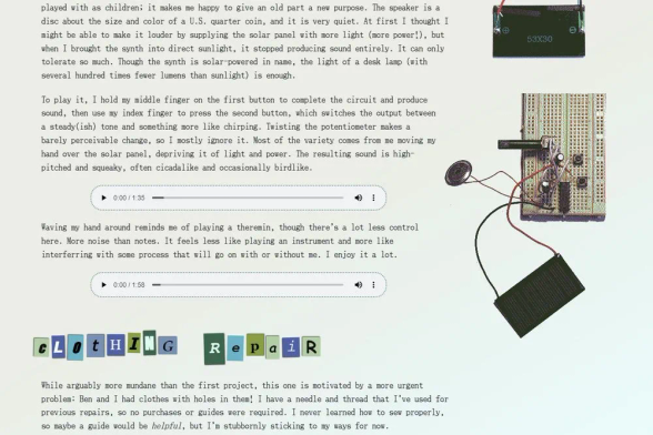 a blog post about making a solar powered synthesizer and mending some clothes. in the screenshot, there's an image of the synth and two audio players for hearing me play it