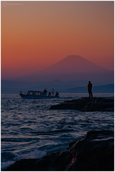 Mount Fuji at sunset with a fisherman in the foreground, fishing from the wave-cut platform on the south west side of Enoshima Island. 