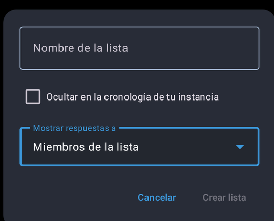 Captura de pantalla donde se ven las opciones para listas en tusky