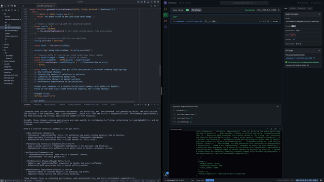 A screenshot showing results of my script that generates a summary of my work based on a diff from a local git repo. It shows VS Code on the left with results and LM Studio running local DeepSeek model that was used to generate the summary.