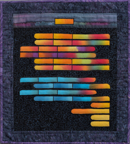 "Ase's Death". Rectangular wall quilt with several horizontal bands in colourful gradients. They are organized to suggest a phone text conversation.