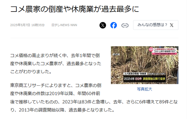 Photo of original article. Headline in Japanese: コメ農家の倒産や休廃業が過去最多に