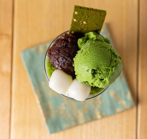 Matcha parfait with anko (sweet bean paste) and dango.