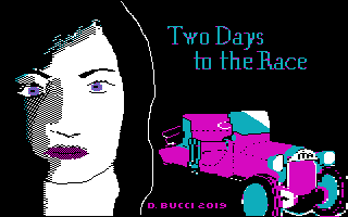 Two Days to the race splash screen, with a lady staring to the player and a vintage-looking car in the background.