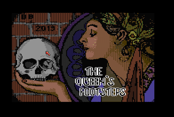 The Queen's Footsteps splash screen, with a Mucha-inspired Art Nouveau drawing of a young lady looking at a skull on a brick wall background.
