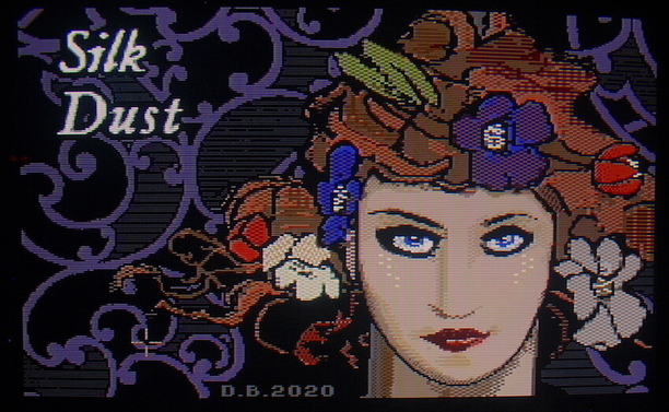 The Silk Dust splash screen, with a young lady staring at the player. The drawing is inspired by a Mucha's painting, with a distinctive Art Nouveau style.