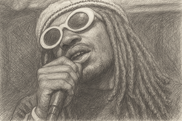 A close-up pencil sketch captures a young man mid-performance, holding a microphone near his lips with one hand. He wears round, thick-framed sunglasses and a textured beanie, with long, tightly twisted dreadlocks cascading over his shoulder. His mouth is slightly open, caught in the act of rapping or singing, and his expression is cool and focused.

The sketch is rich in detail, with dense, textured linework that gives the image depth and intensity. The lighting and shadows are carefully rendered through crosshatching, giving a lifelike sense of volume and motion.

This is an AI-generated sketch of Kee Nola, the rapper, based on his appearance in the “Party Girl” music video. The piece captures the raw energy of his performance in a stylized, hand-drawn form, blending musical charisma with artistic grit.