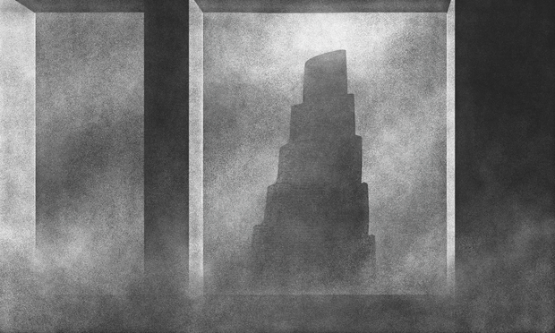 A view in black and white in a lo-fi style of the tower of babel